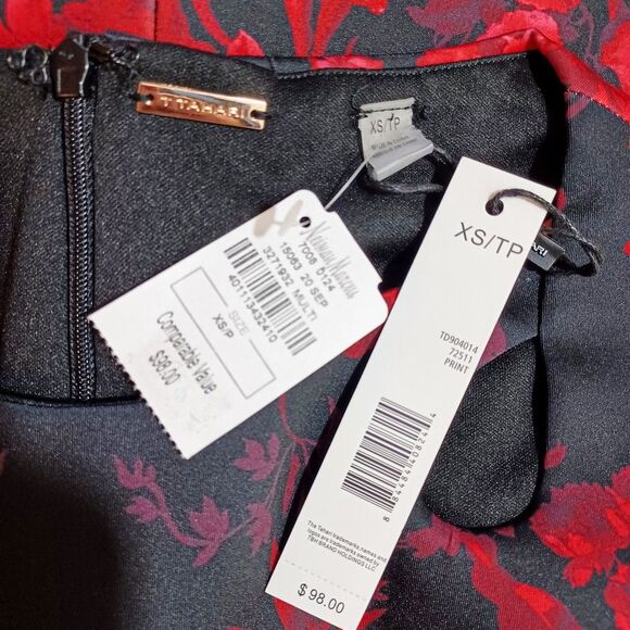 NWT Tahari XS Red Elegant Floral Sheath Dress Black Cocktail Sleeveless Stretch - Picture 8 of 10